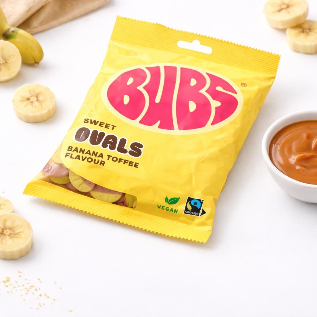 BUBS Banana Toffee Ovals | Vegan Swedish Foam Candy (90g) – vegan Swedish pick & mix candy, imported from Scandinavia